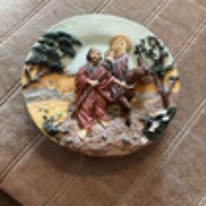 Christmas HOLY FAMILY Ceramic Plate 5" Journey to Bethlehem 3D Decor w/ Stand -